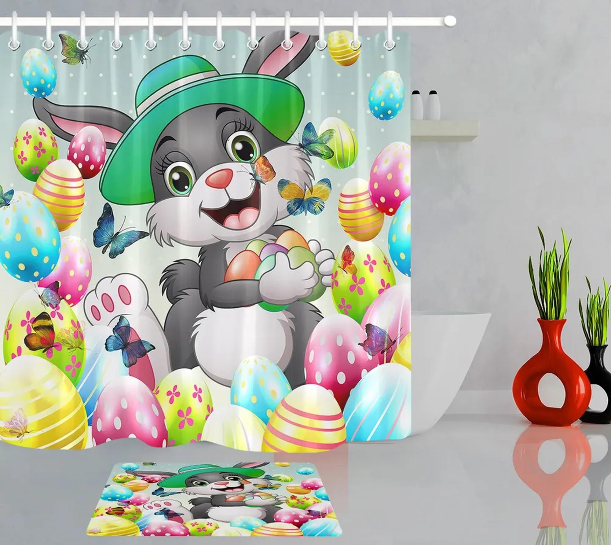 Happy Easter Colorful Eggs Cartoon Rabbit Shower Curtain Bathroom Decor