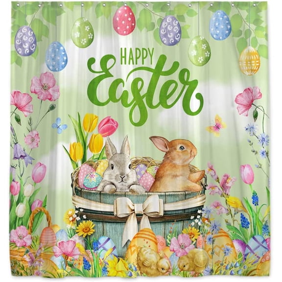 Easter Shower Curtain Spring Bunny Colorful Floral Flower Eggs Bathroom Decorations Watercolor Chick Rabbit Butterfly for Home Bath Bathtubs Decor 72"x72"
