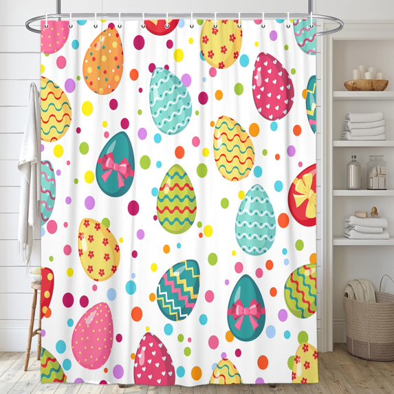 Easter Shower Curtain, Spring Colorful Eggs Shower Curtain Set for Bathroom, Happy Easter Fabric Shower Curtain Restroom Bathtub Decor Accessories with Hooks 72X 72 inch