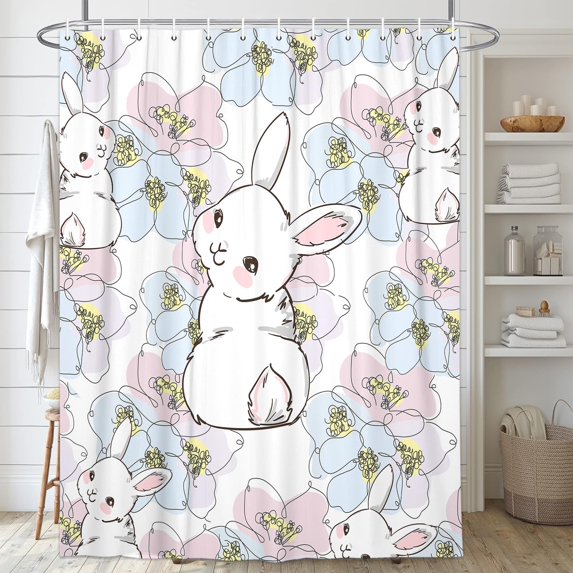 Easter Shower Curtain, Spring Colorful Floral Shower Curtain Set for Bathroom, Cute Bunny Fabric Shower Curtain Restroom Bathtub Decor Accessories with Hooks 72X 84 inch