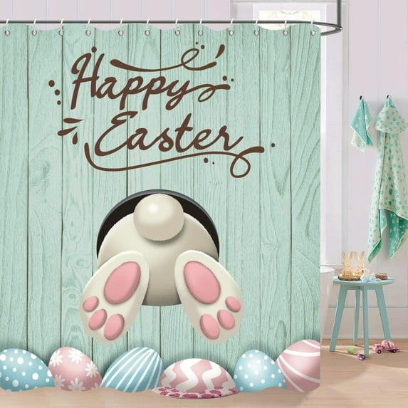 Easter Shower Curtain, Spring Funny Rabbit Wooden Board Colorful Easter Egg Bathroom Curtain Waterproof Fabric Machine Washable with Hooks, 72" Wx72 L