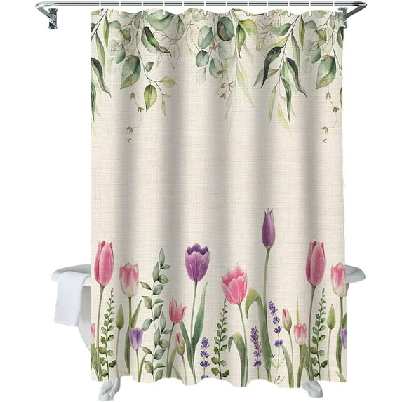 Easter Shower Curtain Tulip Flowers Spring Floral Shower Curtains for Bathroom Decor Eucalyptus Leaves Bath Curtains Sets for Spring Easter Bathroom Decor Fabric Waterproof Small Stall 36" X 72"