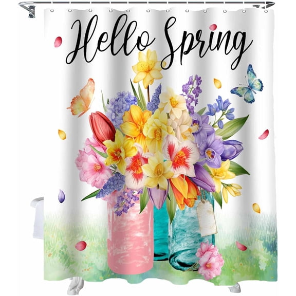 Easter Shower Curtain Tulip Flowers Vase Shower Curtains for Bathroom Decor Spring Lavender Plants Butterfly Bath Curtains Sets for Spring Easter Bathroom Decor Fabric Waterproof Standard 72" X 72"
