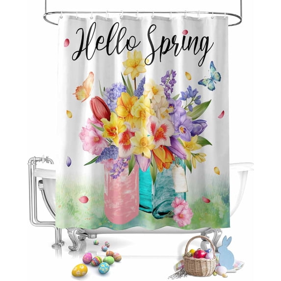 Easter Shower Curtain Tulip Flowers Vase Shower Curtains for Bathroom Decor Spring Lavender Plants Butterfly Bath Curtains Sets for Spring Easter Bathroom Decor Fabric Waterproof Extra Long 72" X 84"