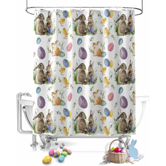 Easter Shower Curtain Watercolor Bunny Chicken Shower Curtains for Bathroom Decor Easter Eggs Spring Flowers Bath Curtains Sets for Spring Easter Bathroom Decor Fabric Waterproof Extra Long 72" X 84"