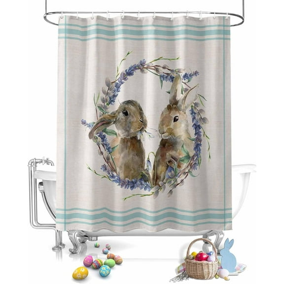 Easter Shower Curtain Watercolor Bunny Shower Curtains for Bathroom Decor Aqua Green Stripes Floral Wreath Bath Curtains Sets for Spring Easter Bathroom Decor Fabric Waterproof Extra Long 72" X 84"