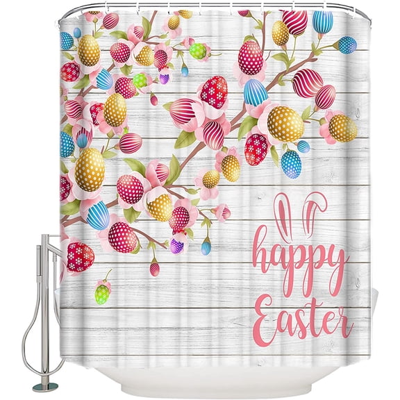 Easter Shower Curtain Waterproof Polyester Fabric Shower Curtain Set with Hooks Happy Easter Spring Tree with Colorful Easter Egg Shower Curtains for Bathroom Showers, Stalls and Bathtubs, 36x72 Inch