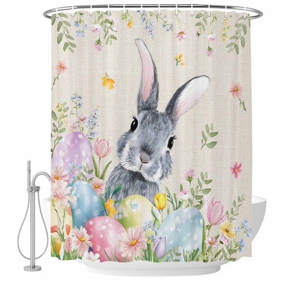 Easter Shower Curtain, Waterproof Shower Curtains for Bathroom, Country Rabbit Eggs Botanical Flowers Leaves Washable Fabric Bathtub Curtain Set Bath Decor with 12 Hooks Standard 72"x72"