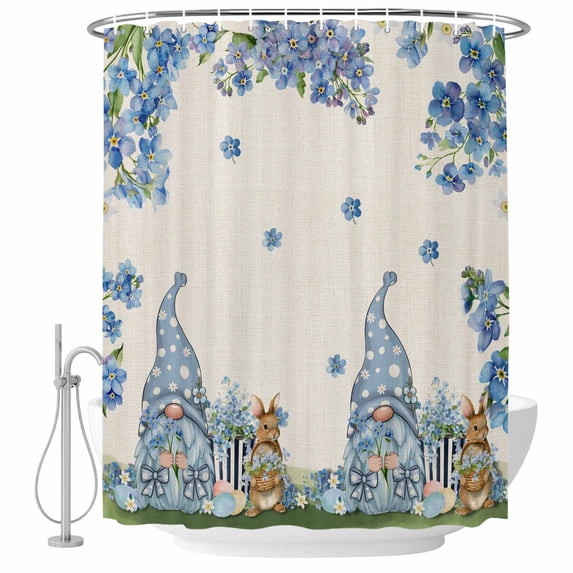 Easter Shower Curtain, Waterproof Shower Curtains for Bathroom, Farmhouse Retro Spring Rabbits Gnomes Blue Flowers Washable Fabric Bathtub Curtain Set Bath Decor with 12 Hooks Extra Long 72"x96"