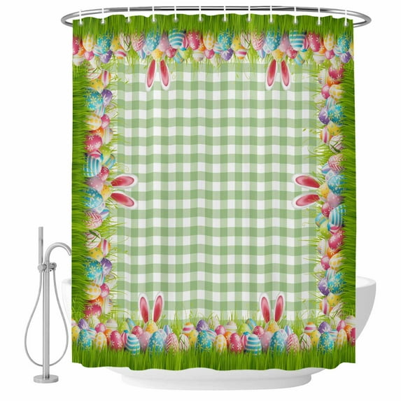 Easter Shower Curtain, Waterproof Shower Curtains for Bathroom, Rabbit Ears Colorful Eggs Green White Buffalo Plaid Washable Fabric Bathtub Curtain Set Bath Decor with 12 Hooks Extra Long 72"x96"