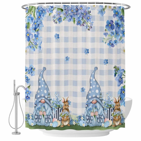 Easter Shower Curtain, Waterproof Shower Curtains for Bathroom, Spring Blue Gnomes Rabbit Eggs Floral Buffalo Plaid Washable Fabric Bathtub Curtain Set Bath Decor with 12 Hooks Stall 36"x72"