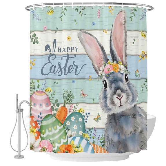 Easter Shower Curtain, Waterproof Shower Curtains for Bathroom, Spring Bunny Easter Eggs Floral Beige Green Wood Washable Fabric Bathtub Curtain Set Bath Decor with 12 Hooks 48"x72"