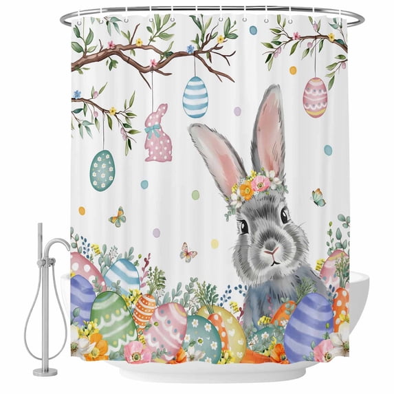 Easter Shower Curtain, Waterproof Shower Curtains for Bathroom, Spring Bunny Eggs Botanical Leaves Tree Branch Washable Fabric Bathtub Curtain Set Bath Decor with 12 Hooks Extra Long 72"x96"