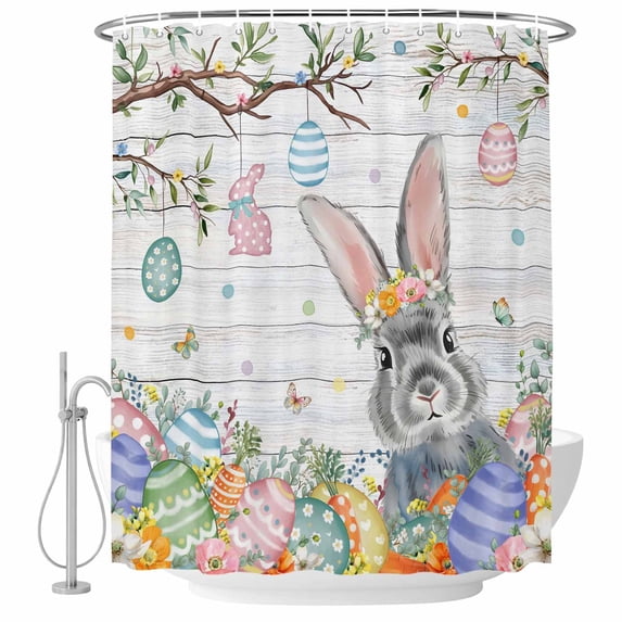 Easter Shower Curtain, Waterproof Shower Curtains for Bathroom, Spring Bunny Eggs Tree Butterfly Grey Wooden Washable Fabric Bathtub Curtain Set Bath Decor with 12 Hooks Extra Long 72"x96"