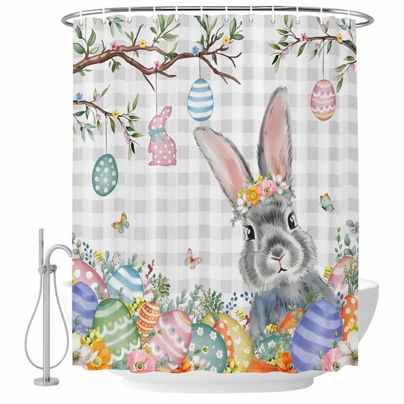 Easter Shower Curtain, Waterproof Shower Curtains for Bathroom, Spring Grey Bunny Botanical Eggs Leaves Lattice Washable Fabric Bathtub Curtain Set Bath Decor with 12 Hooks Long 72"x84"