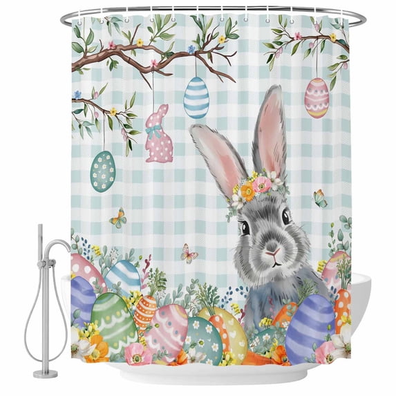 Easter Shower Curtain, Waterproof Shower Curtains for Bathroom, Spring Rabbit Colorful Eggs Tree Blue White Plaid Washable Fabric Bathtub Curtain Set Bath Decor with 12 Hooks Standard 72"x72"