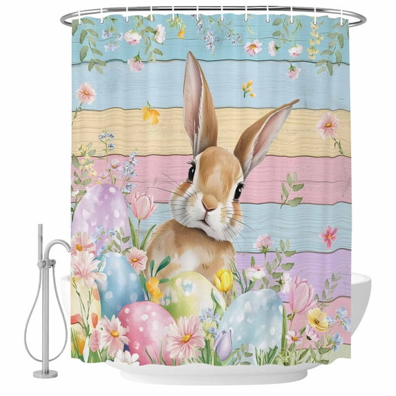 Easter Shower Curtain, Waterproof Shower Curtains for Bathroom, Spring Rabbit Eggs Floral Colorful Wooden Grain Washable Fabric Bathtub Curtain Set Bath Decor with 12 Hooks Stall 36"x72"