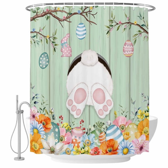 Easter Shower Curtain, Waterproof Shower Curtains for Bathroom, Spring Watercolor Bunny Eggs Wooden Grain Green Washable Fabric Bathtub Curtain Set Bath Decor with 12 Hooks Standard 72"x72"