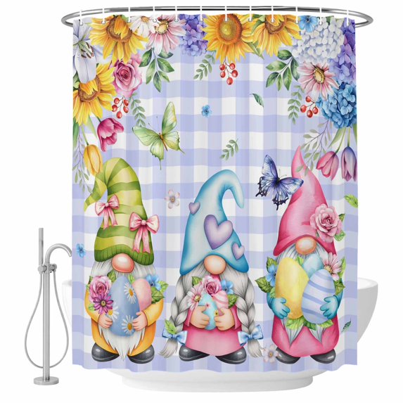 Easter Shower Curtain, Waterproof Shower Curtains for Bathroom, Watercolor Gnomes Eggs Flowers Butterflies Purple Plaid Washable Fabric Bathtub Curtain Set Bath Decor with 12 Hooks Extra Long 72"x96"