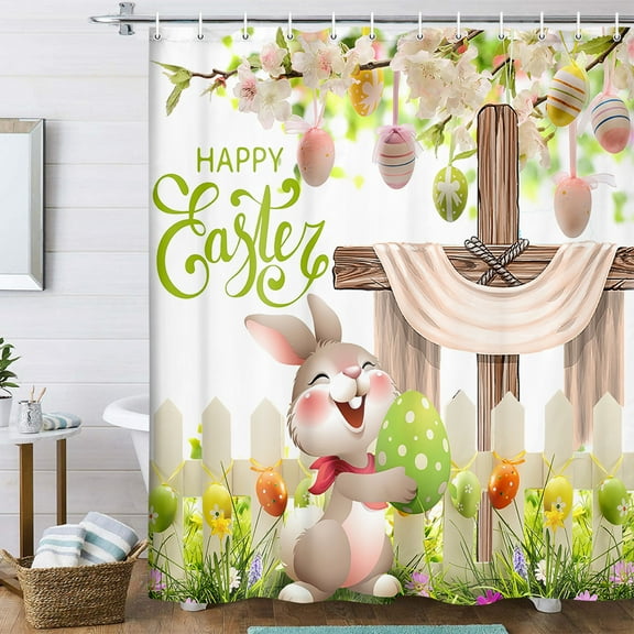 Easter Shower Curtain, Whises He Is Risen The Cross Easter Eggs Bunny Floral Shower Curtain Set, Rustic Easter Rabbit Spring Fabric Holiday Bathroom Accessories with 12PCS, 70X70IN