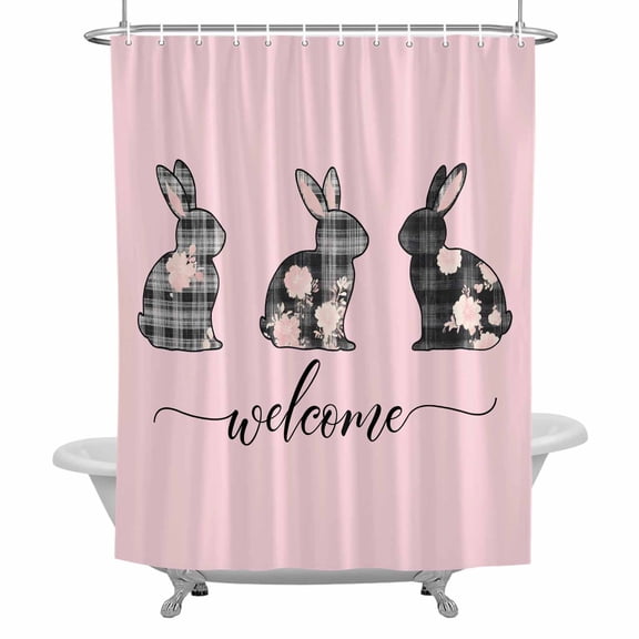 Easter Shower Curtain for Bathroom, Floral Plaid Bunny Waterproof Cloth Fabric Bathroom Accessories Set with 12 Rust Proof Plastic Hooks, 36"x78"