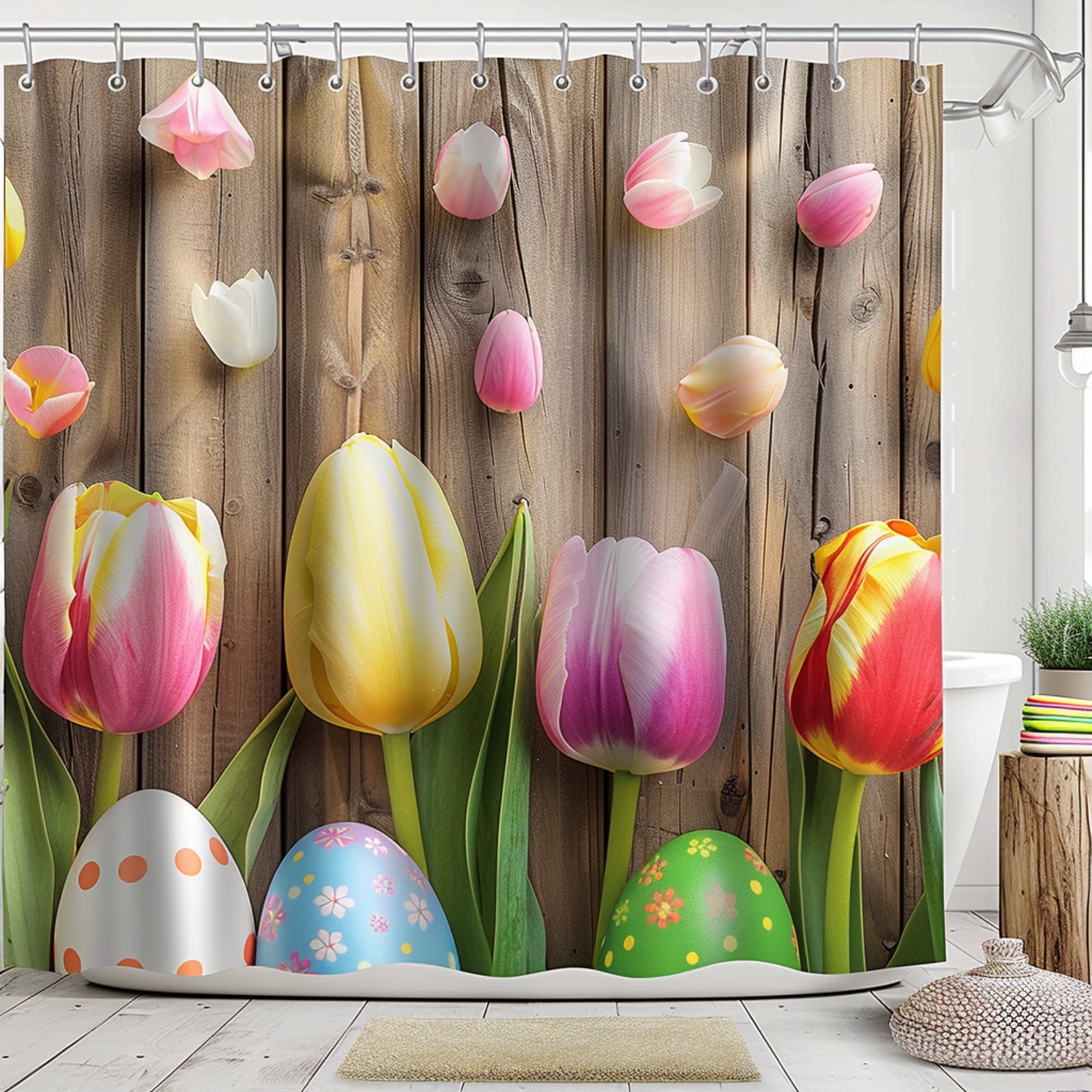 Easter Shower Curtain with Tulips and Colorful Eggs Vintage Style
