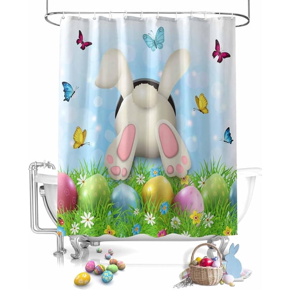 Easter Shower Curtains for Bathroom Funny Rabbit Fabric Shower Curtain with Hooks, Spring Eggs Shower Curtain Set, Watercolor Pastel Bathroom Curtains Decoration, Waterproof Polyester, 72"x84" Long