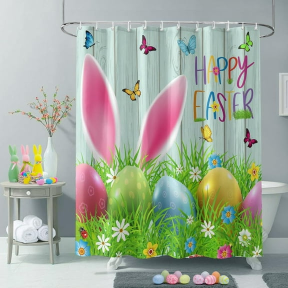 Easter Shower Curtains for Bathroom Spring Bunny Eggs Fabric Shower Curtain with Hooks, Rustic Wood Shower Curtain Set, Teal Bathroom Curtains Decoration, Waterproof Polyester, 72"x72" Long