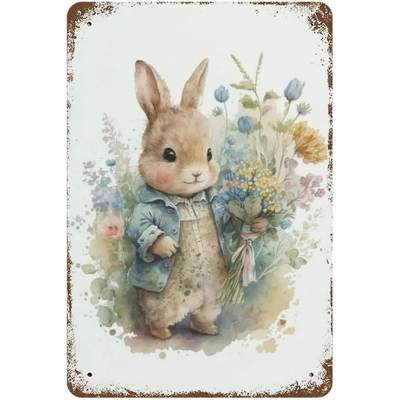 Easter Signs 8x12 inches Baby Bunny Vintage Metal Tin Sign Wall Art Easter Wall Art Rabbit Decor Spring Decor Easter Primitive Country Decor Bunny Art,Rustic Easter Gifts for Kids Home Classroom