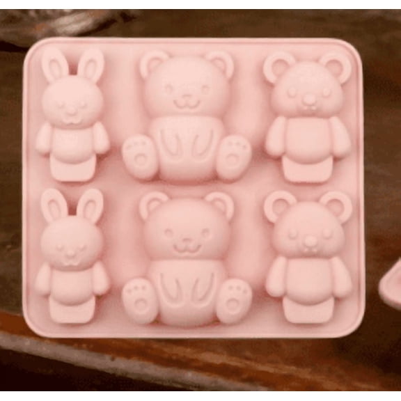 Easter Silicone Baking Mould with Bear & Bunny Design Non-Stick 6-Cavity Animal Theme Chocolate Candy Mold Spring Multi-Functional Cartoon Silicone Tray for Fondant Cake Soap Home Baking & Craft Use