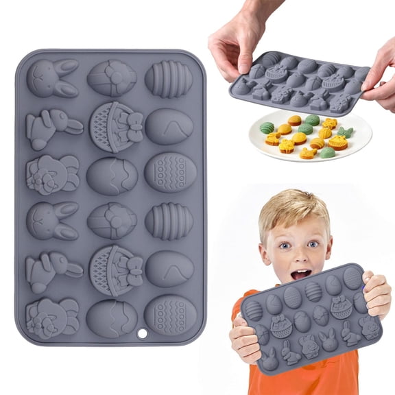 Easter Silicone Molds 18 Cavity 3D Easter Eggs Bunny Molds Food Grade Non-Stick Silicone Muffin Pans for Baking Chocolate Molds for Easter Party Fondant Candy Jelly Mousse Cake Topper Making (Gray)