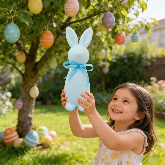Easter Simulated Flocked Bow Standing Bunny Figurine, Fuzzy Rabbit Statue for Home Tabletop & Garden, Festive Spring Flocked Bunny Easter Decoration Ornament, 8.66*2.55in, Light Blue