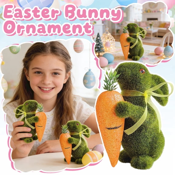 Easter Simulation Rabbits - Bunny Ornaments With Mossy Flocking & Carrot Design, Forest-Themed Decor For Desktop Entrance Bookshelf Home Festival Souvenir Cute Space Embellishment