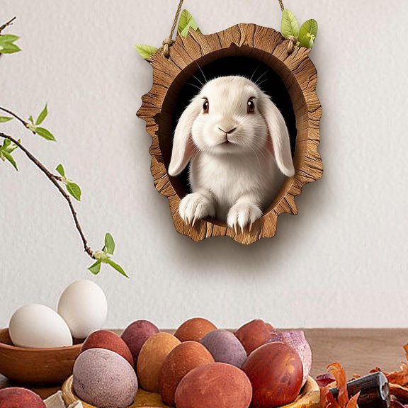 Easter Sitting Bunny Tree Welcome Sign, 9.06 x 9.06 in Acrylic Hanging Decoration for Front Door, Porch, Entryway and Wall