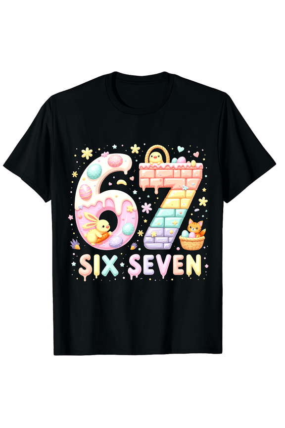 Easter Six Seven 67 Number Bunny Chick Egg Graphic Short Sleeve T-Shirt for Women Men Birthday Celebration Holiday Style Adult Gift