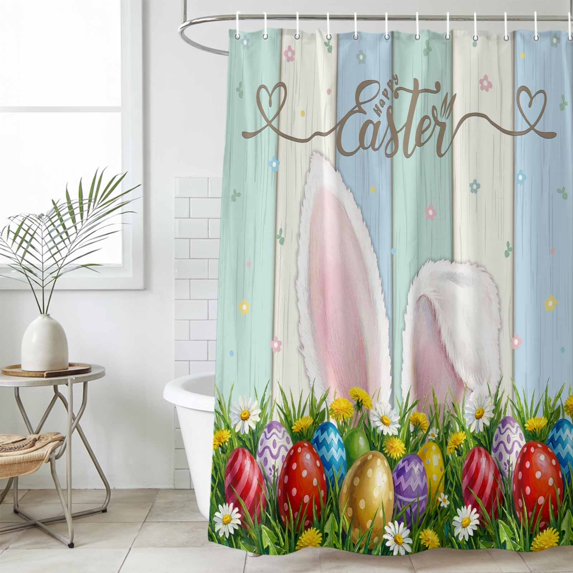 Easter Small Stall Shower Curtain, Waterproof Shower Curtains for Bathroom, Wooden Bunny Colorful Eggs Spring Floral Botanical Washable Fabric Bath Curtain for Bathtub with Hooks 36x78 Inches
