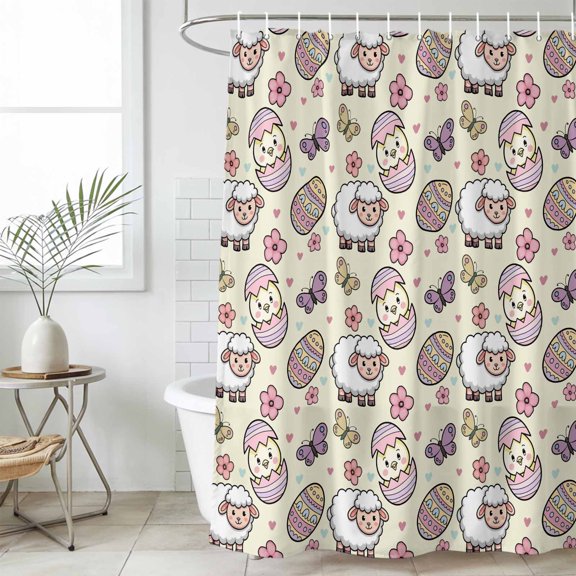 Easter Small Stall Shower Curtain, Waterproof Shower Curtains for Bathroom, Yellow Spring Sheep Chickens Eggs Floral Butterfly Washable Fabric Bath Curtain for Bathtub with Hooks 36x72 Inches