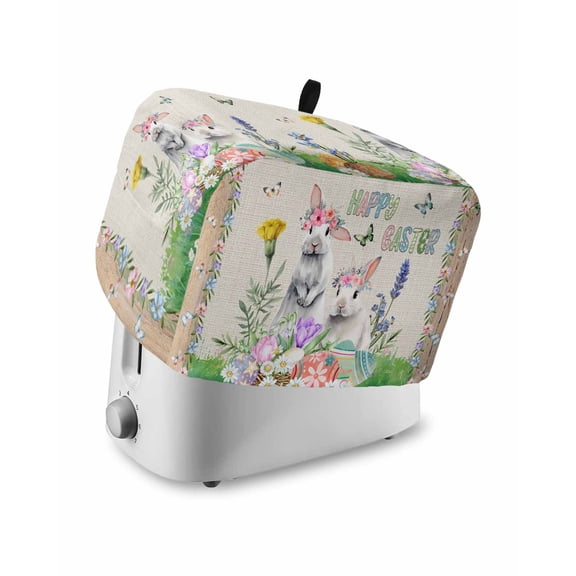 Easter Small Toaster Cover 2 Slice, Kitchen Appliance Covers, Farmhouse Bunny Colorful Eggs Flowers Plants Toaster Oven Cover with Loop, Bread Machine Cover Polyester Dust Cover Protection