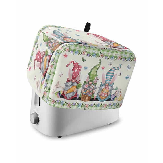 Easter Small Toaster Cover 2 Slice, Kitchen Appliance Covers, Funny Bunny Ear Gnomes Colorful Eggs Flowers Plaid Toaster Oven Cover with Loop, Bread Machine Cover Polyester Dust Cover Protection