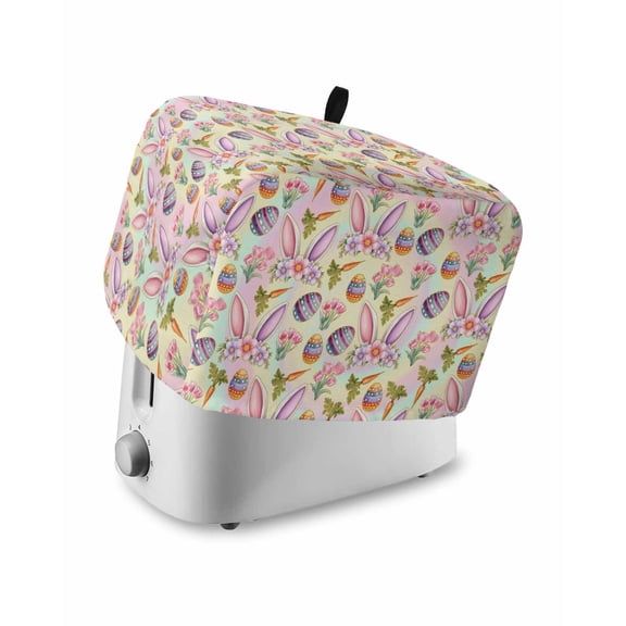 Easter Small Toaster Cover 2 Slice, Kitchen Appliance Covers, Spring Colorful Rabbit Ears Eggs Flowers Carrots Toaster Oven Cover with Loop, Bread Machine Cover Polyester Dust Cover Protection