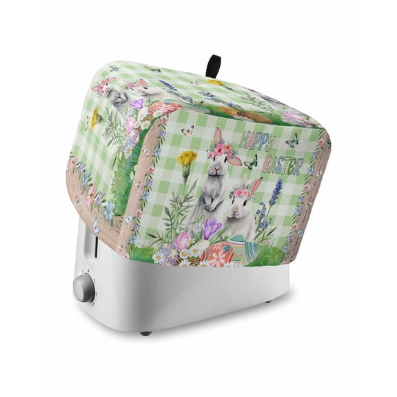 Easter Small Toaster Cover 2 Slice, Kitchen Appliance Covers, Spring Rabbit Botanical Flowers Eggs Plaid Toaster Oven Cover with Loop, Bread Machine Cover Polyester Dust Cover Protection