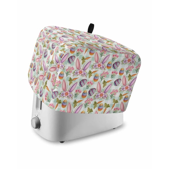 Easter Small Toaster Cover 2 Slice, Kitchen Appliance Covers, Spring Rabbit Ears Eggs Carrots Floral Green Plaid Toaster Oven Cover with Loop, Bread Machine Cover Polyester Dust Cover Protection