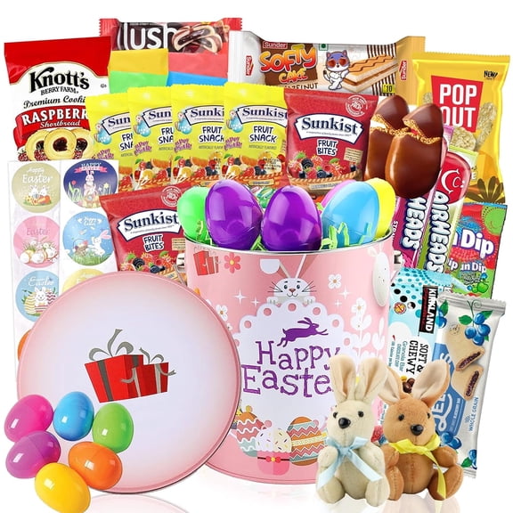 Easter Snack Gift Tin Basket (44 Count) Easter Candy Eggs Great Care Package for Family Friends Kids Coworkers