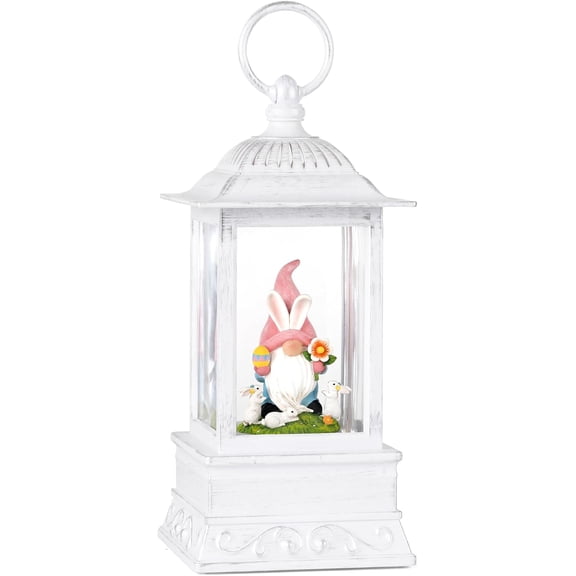 Easter Snow Globe With Bunny Gnome - Lighted Glitter Lantern for Home Decorations, Spring Decor and Gift