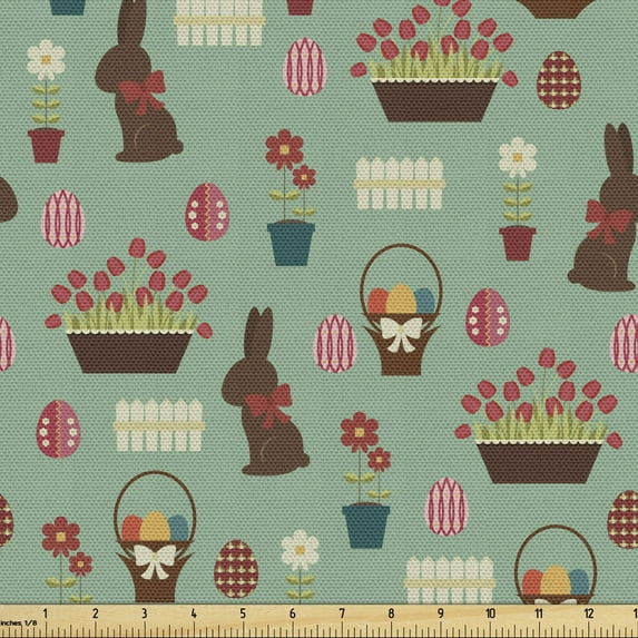Ambesonne Easter Fabric by the Yard Upholstery, Chocolate Bunny Eggs Tulips, 2 Yards, Laurel Green Multicolor
