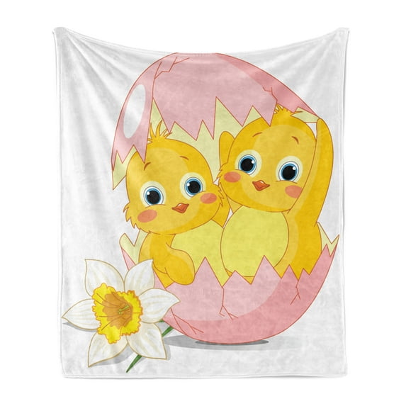 Easter Soft Flannel Fleece Blanket, Daffodil Flower Petal and 2 Chicks in Cracked Egg Cartoon Nursery Themed Print, Cozy Plush for Indoor and Outdoor Use, 50" x 60", Pink and Yellow, by Ambesonne