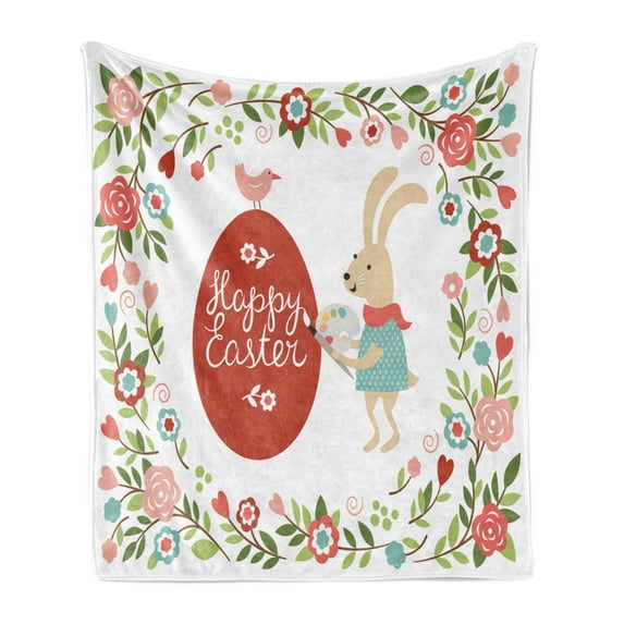 Easter Soft Flannel Fleece Blanket, Pastel Happy Easter Lettering on Egg Cartoon Bunny Blossoming Floral Frame Print, Cozy Plush for Indoor and Outdoor Use, 60" x 80", Red and Coral, by Ambesonne