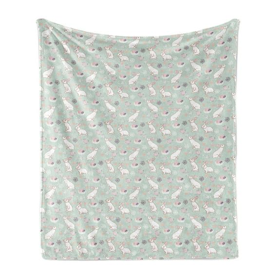 Easter Soft Flannel Fleece Blanket, White Rabbits Smelling the Fresh Spring Air Flowers Eggs and Hearts in Pastel Colors, Cozy Plush for Indoor and Outdoor Use, 50" x 60", Multicolor, by Ambesonne