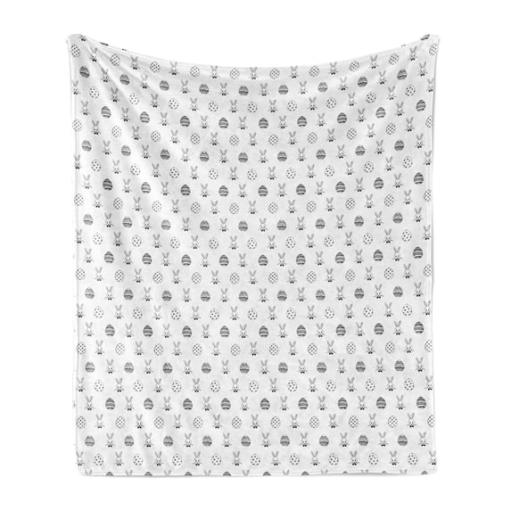 Easter Soft Flannel Fleece Throw Blanket, Black and White Pattern Hand Drawn Style Rabbits with Bowties and Patterned Eggs, Cozy Plush for Indoor and Outdoor Use, 70" x 90", Black White, by Ambesonne