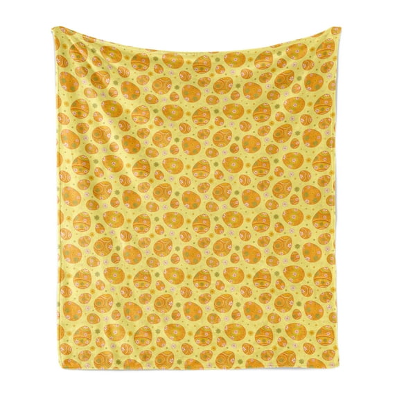 Easter Soft Flannel Fleece Throw Blanket, Cheerful Holiday Season Theme Orange with Cartoon Daisies and Circles, Cozy Plush for Indoor and Outdoor Use, 60" x 80", Yellow Orange Green, by Ambesonne